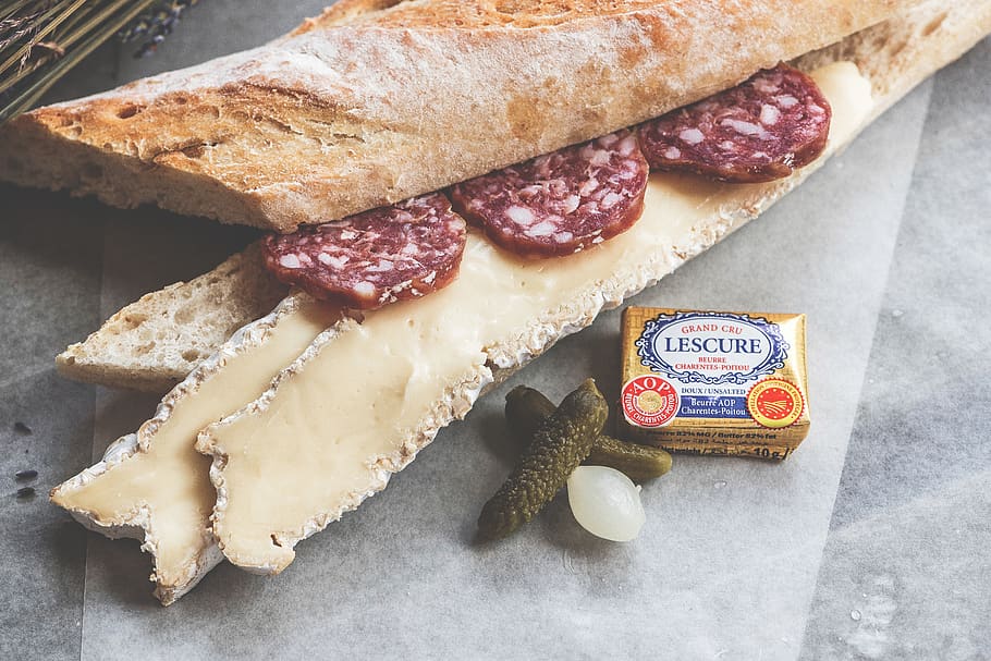 bread and cold cuts on gray surface, food, food and drink, still life HD wallpaper