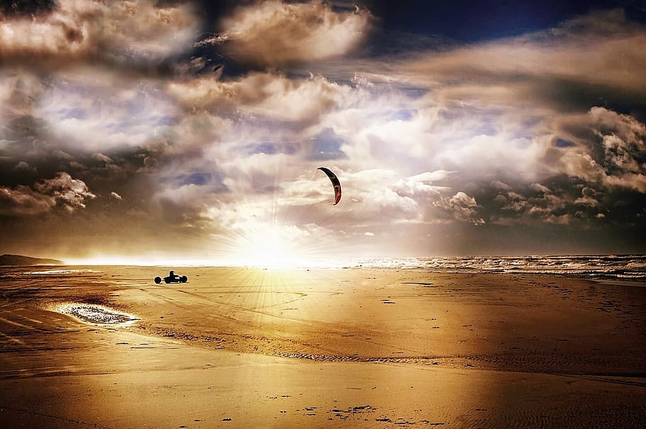 beach, sun, sea, sunset, water, summer, landscape, sky, sand HD wallpaper