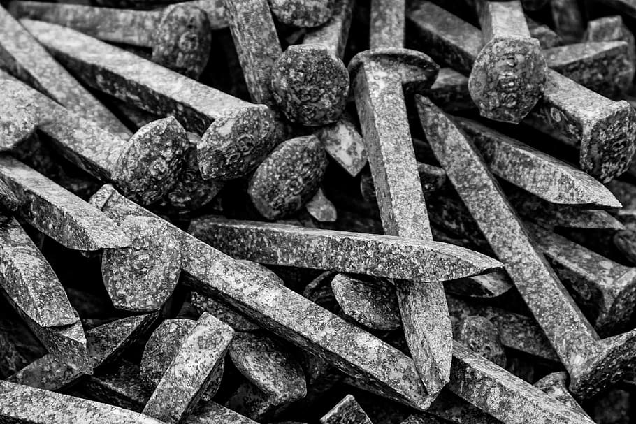 railroad spikes, train, rust, black and white, full frame, backgrounds HD wallpaper