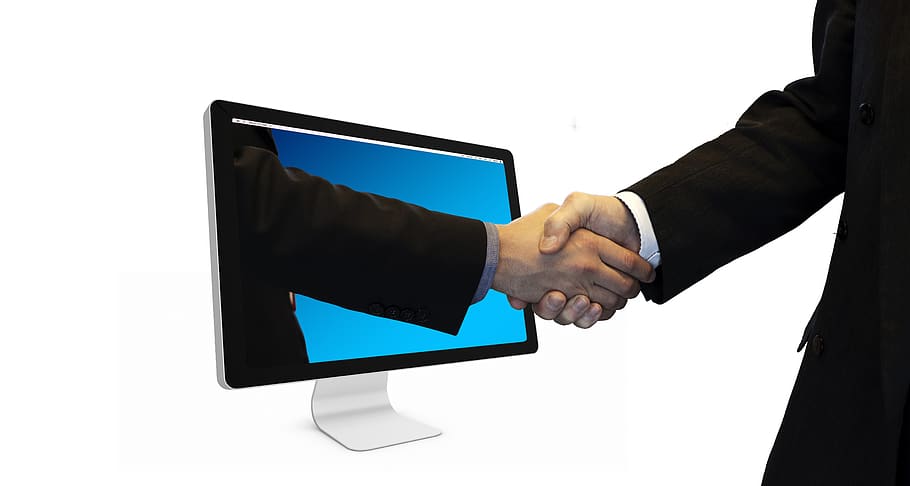 handshake, monitor, online, partner, each other, businessmen, HD wallpaper