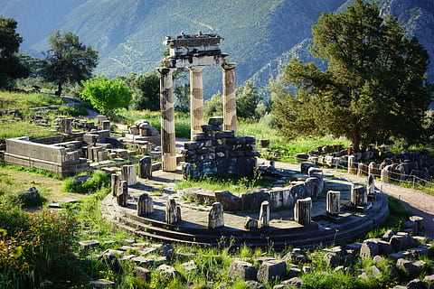 greece, delphi, temple, tree, architecture, built structure HD wallpaper