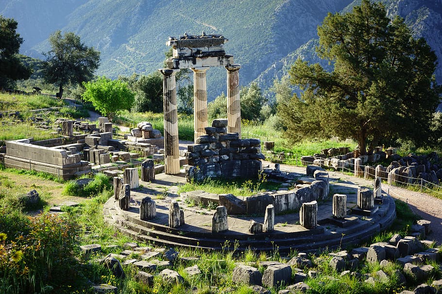 greece, delphi, temple, tree, architecture, built structure, HD wallpaper