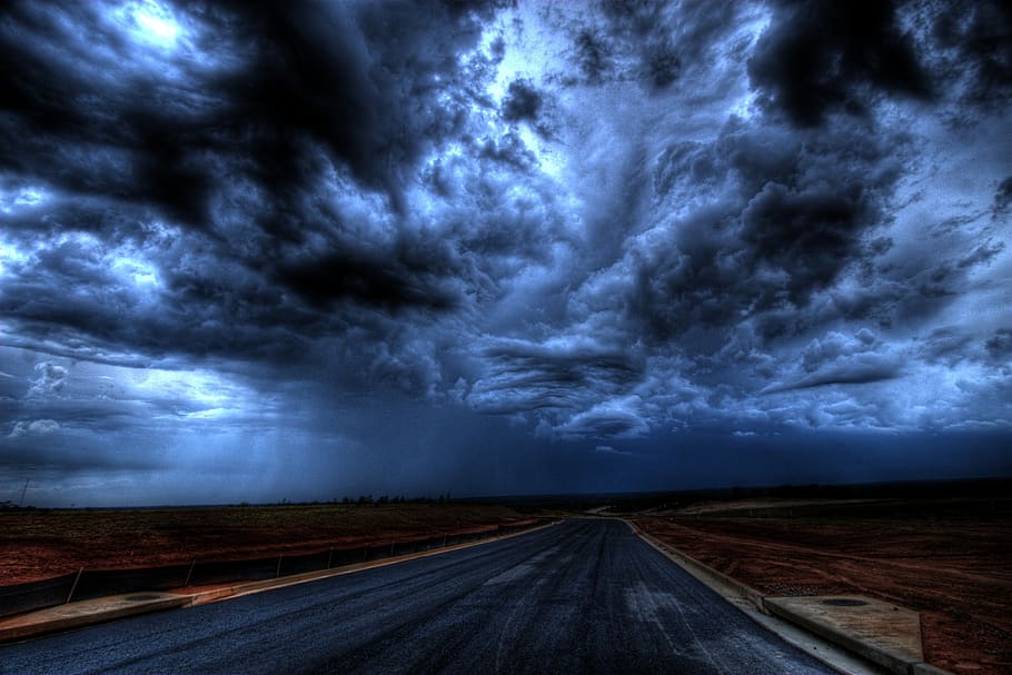 Asphalt Road Under Gray Clouds, dark, dark clouds, darkness, evening HD wallpaper