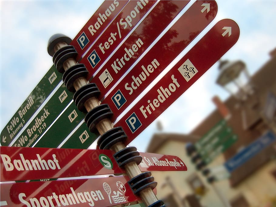 Red and Black Street Signages, close-up, directions, pole, road HD wallpaper