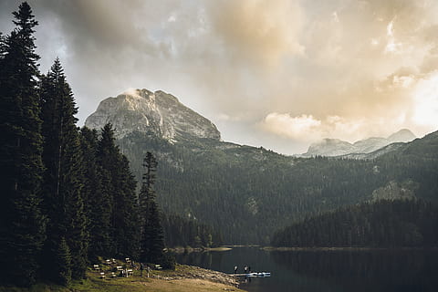 grouped of people camping near body of water surrounded by trees and alpine mointain HD wallpaper