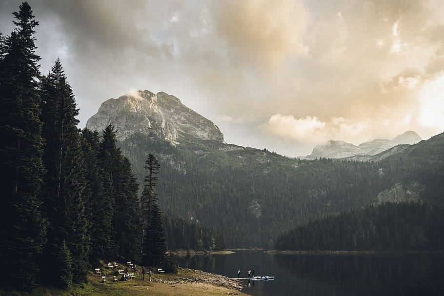 grouped of people camping near body of water surrounded by trees and alpine mointain HD wallpaper