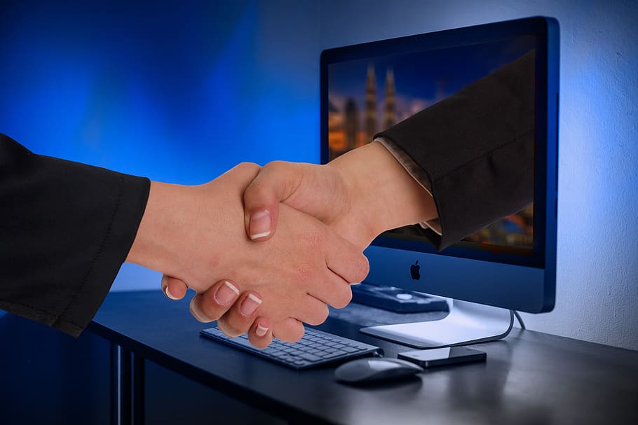 handshake, monitor, online, partner, businessmen, team, cooperation, HD wallpaper