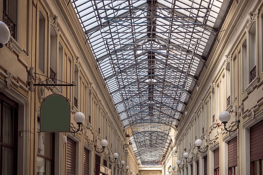 Shopping gallery with empty sign, arcade, arch, architectural, HD wallpaper