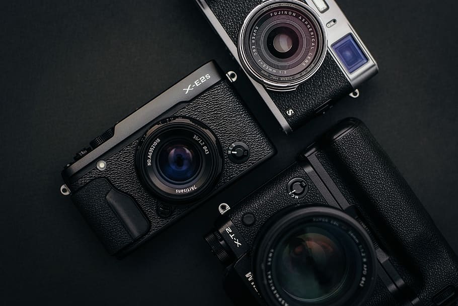 three black cameras, photography themes, camera - photographic equipment HD wallpaper