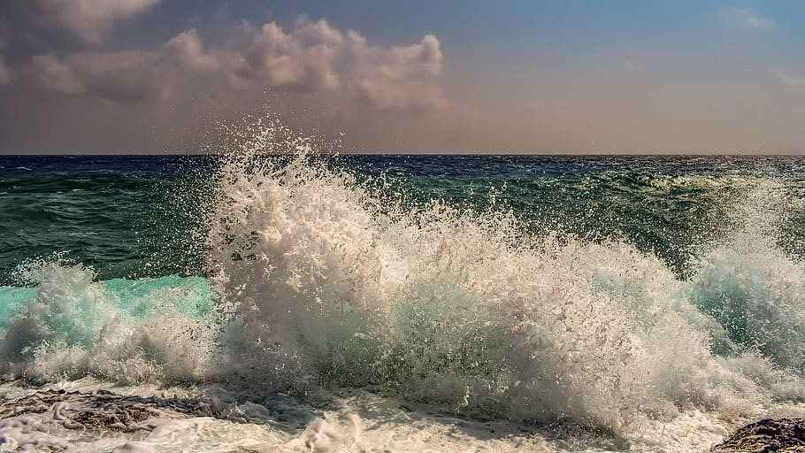 waves, splash, wind, spray, foam, sky, clouds, nature, splashing HD wallpaper
