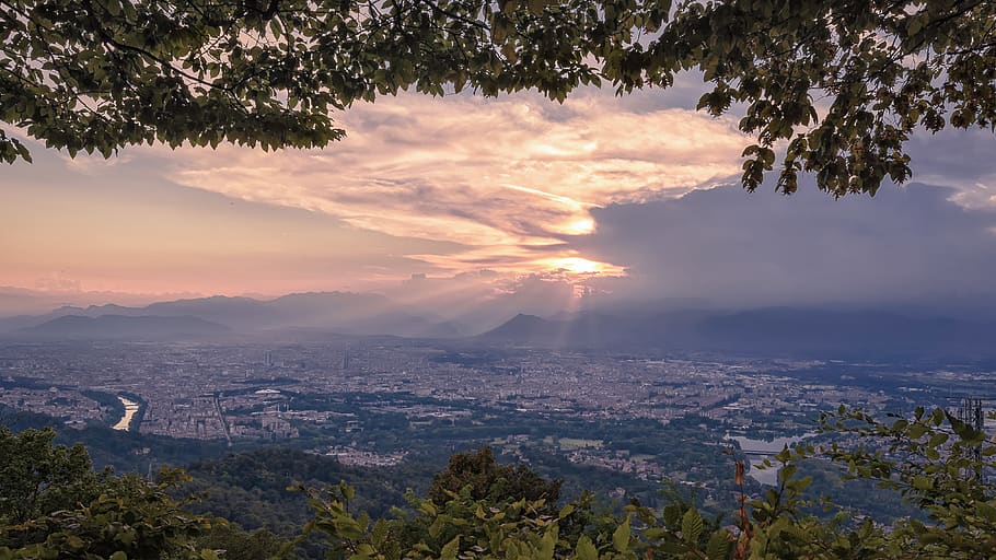 cities, architecture, sky, clouds, sun, tree, plant, sunset HD wallpaper