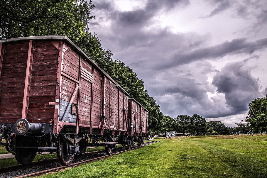 Two Train Cars on Track Under Cloudy Sky, clouds, daylight, grass HD wallpaper