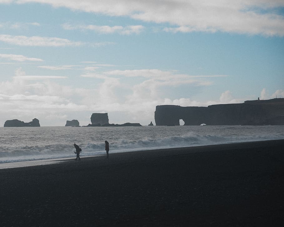 iceland, beach, water, cliffs, sea, sky, real people, beauty in nature HD wallpaper