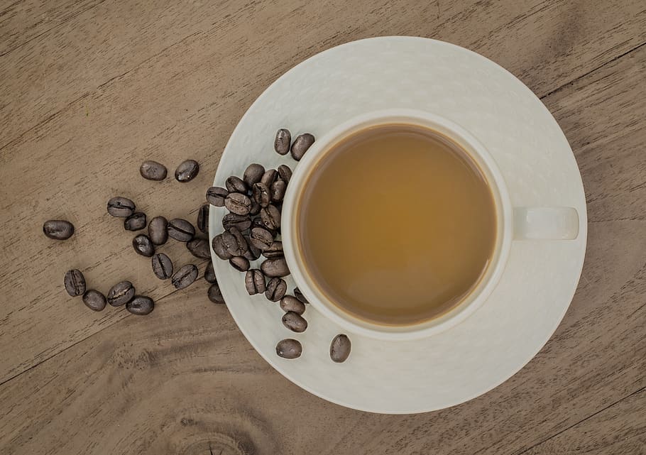 White Ceramic Coffee Cup on Brown Wooden Panel, beverage, caffeine HD wallpaper