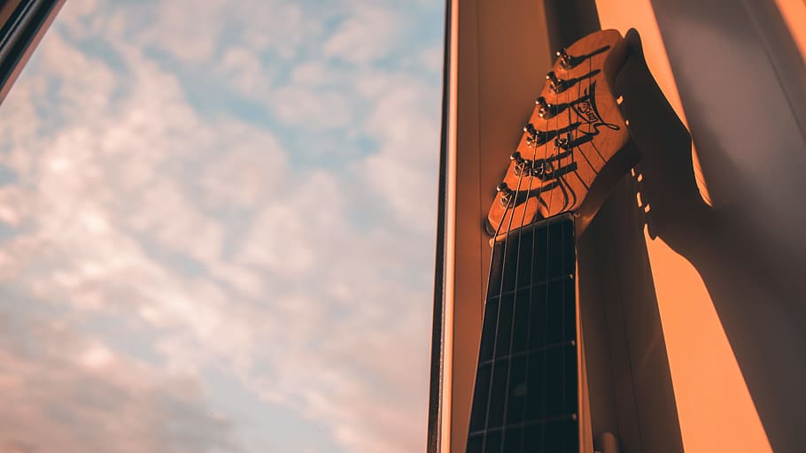 Brown Guitar Head Stock, bright, clouds, contemporary, daytime HD wallpaper