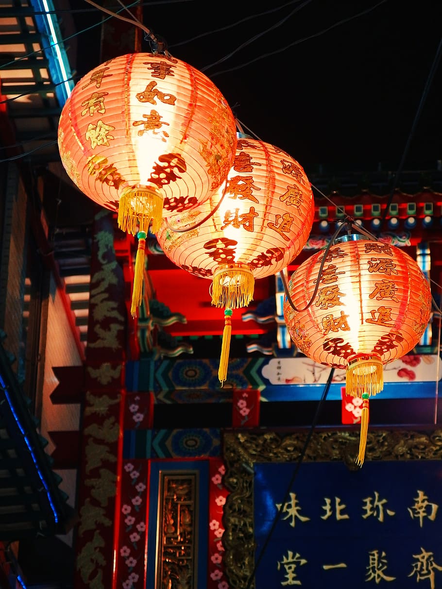 three orange hanging lanterns, lighting equipment, chinese lantern HD wallpaper