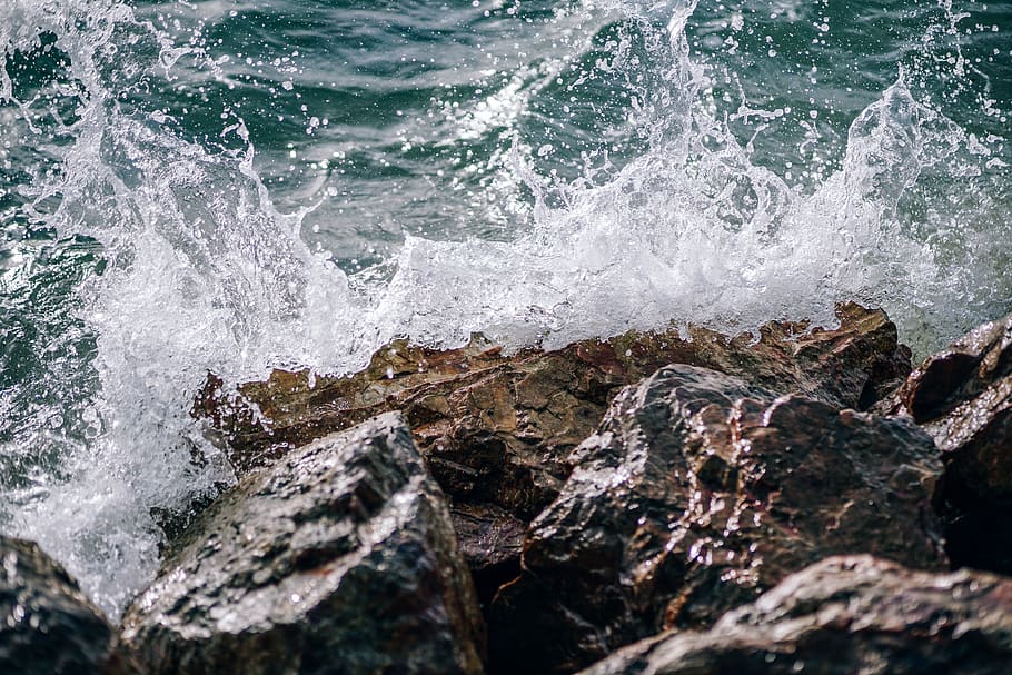 sea, waves, breaking, rock, splash, summer, beach, vacation, HD wallpaper