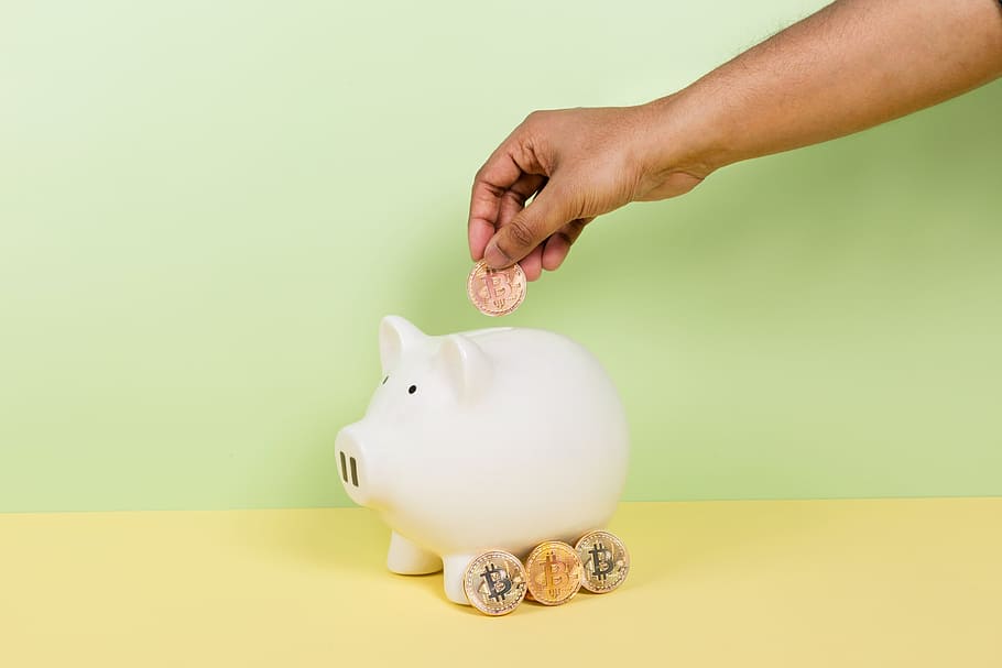 Bitcoin Into Piggy Bank Photo, Money, Finance, investment, savings