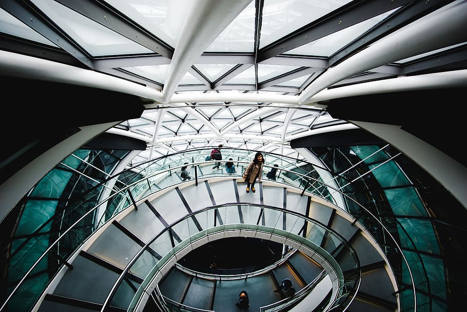 Woman Standing On Spiral Staircase, architectural design, architecture HD wallpaper