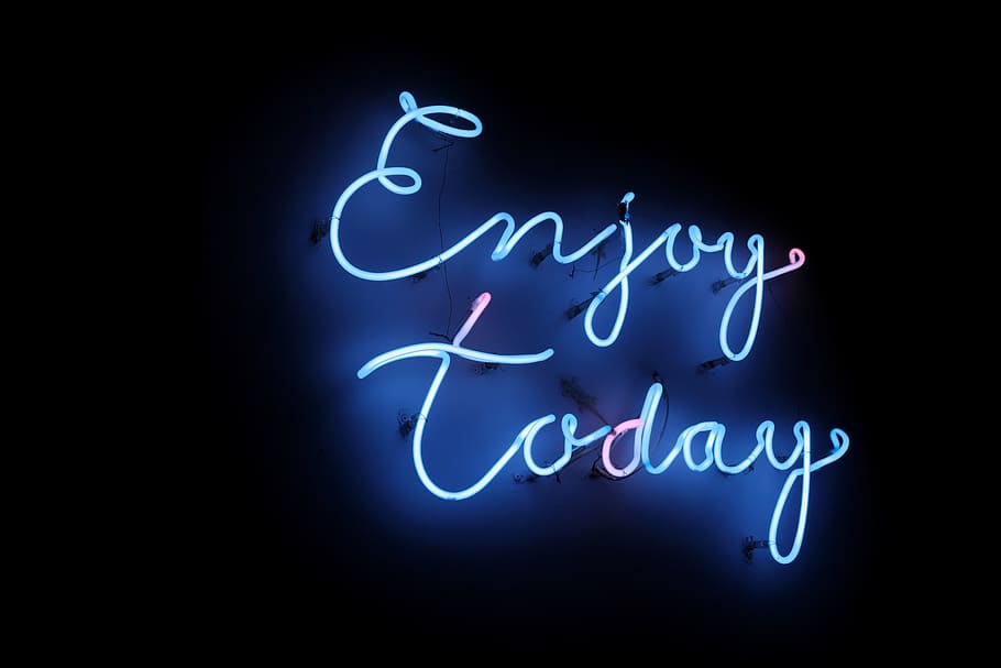 Enjoy today signage, neon, communication, text, blue, illuminated, HD wallpaper