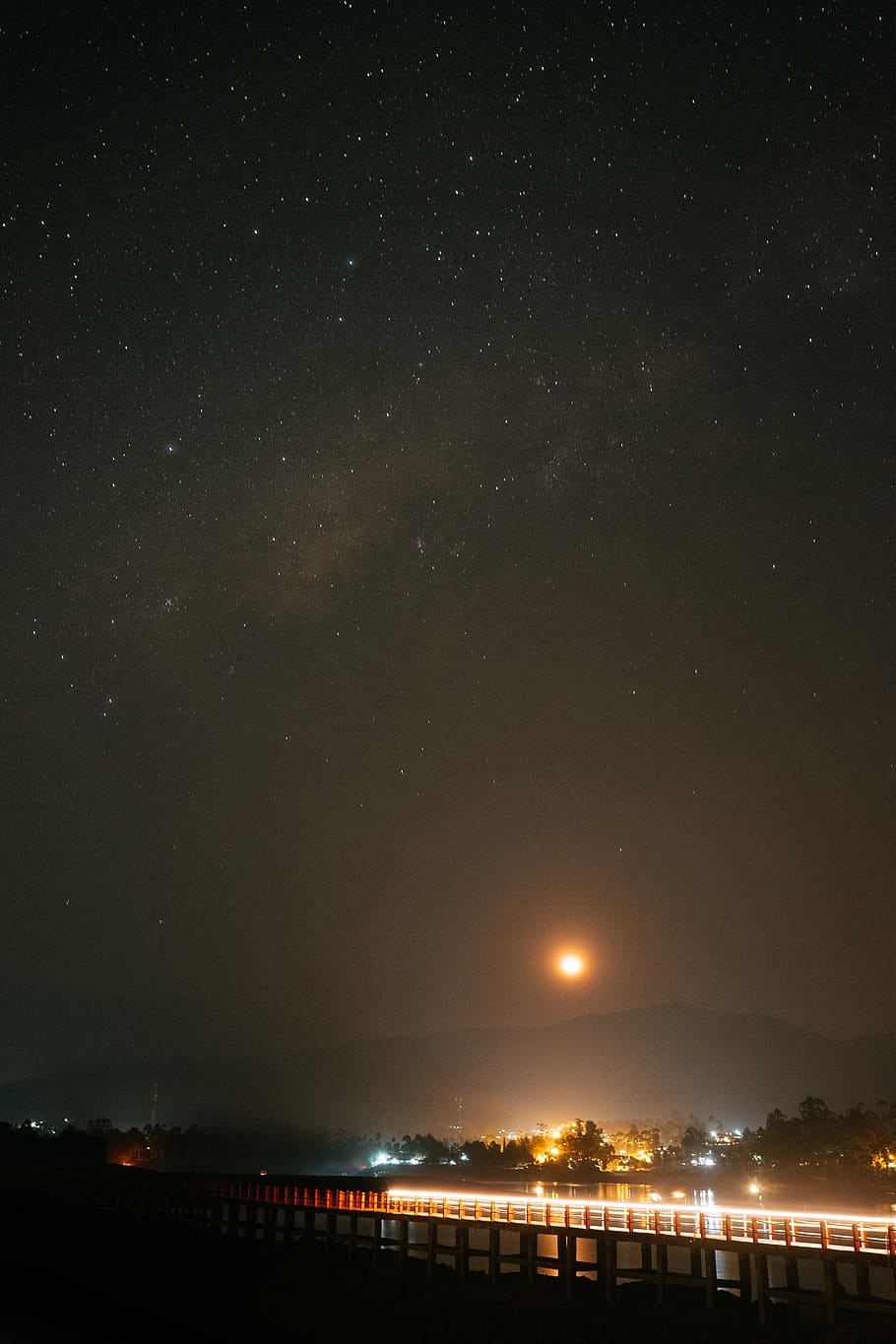 indonesia, moon, trail, night, stars, lake, lights, sky, star - space HD wallpaper