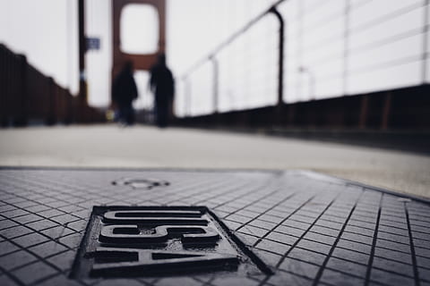 two person standing on bridge, drain, sewer, hole, manhole, golden gate bridge usa HD wallpaper