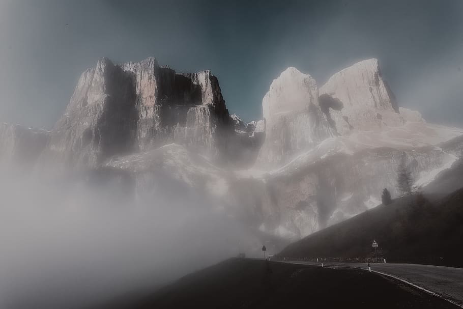 Gray Rock Formation Mountain Covered With Fog, alps, cold, daylight HD wallpaper