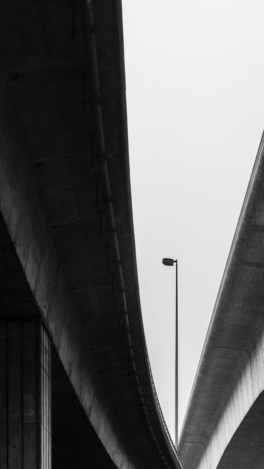 architecture, black and white, city, street, bridge, floor lamp