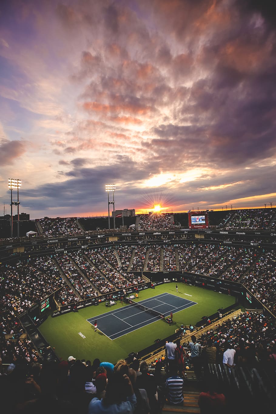 people at the tennis court stadium during sunset, group of people, HD wallpaper