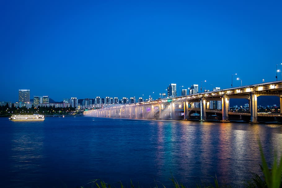 han river, seoul, korea, city, night view, yeouido, bridge