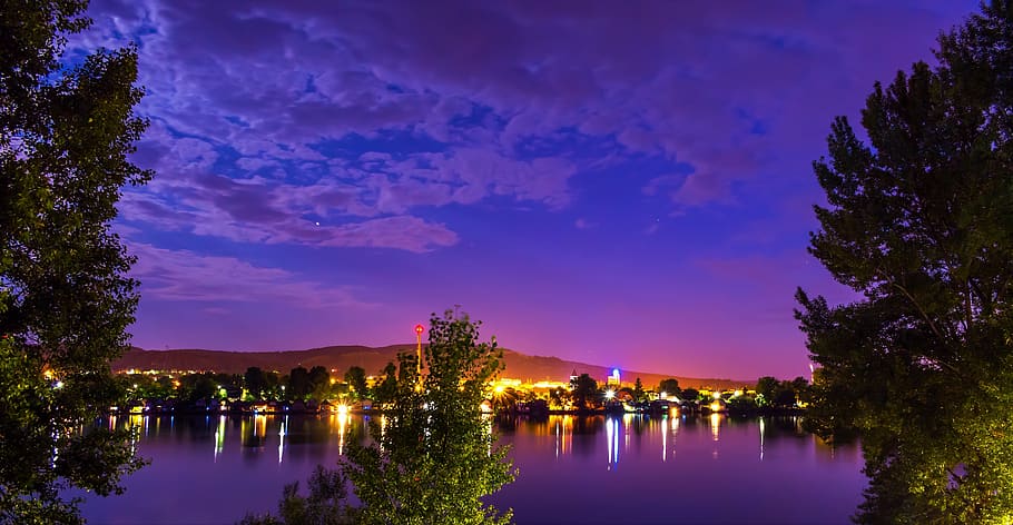 water surface, sunset, lakeside, dope, reflection, sky, tree HD wallpaper