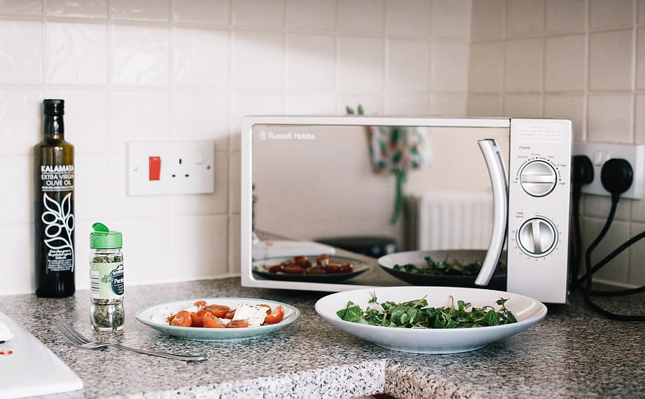 Two White Ceramic Plates Near Microwave On Counter Top, food HD wallpaper