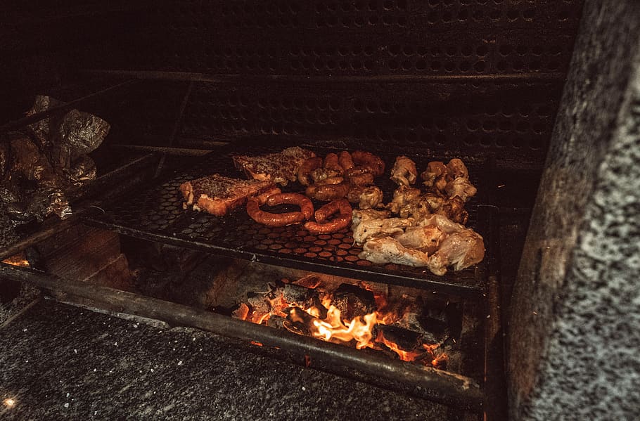 Grilled Meat on Black Charcoal Grill at Nighttime, barbecue, burn HD wallpaper