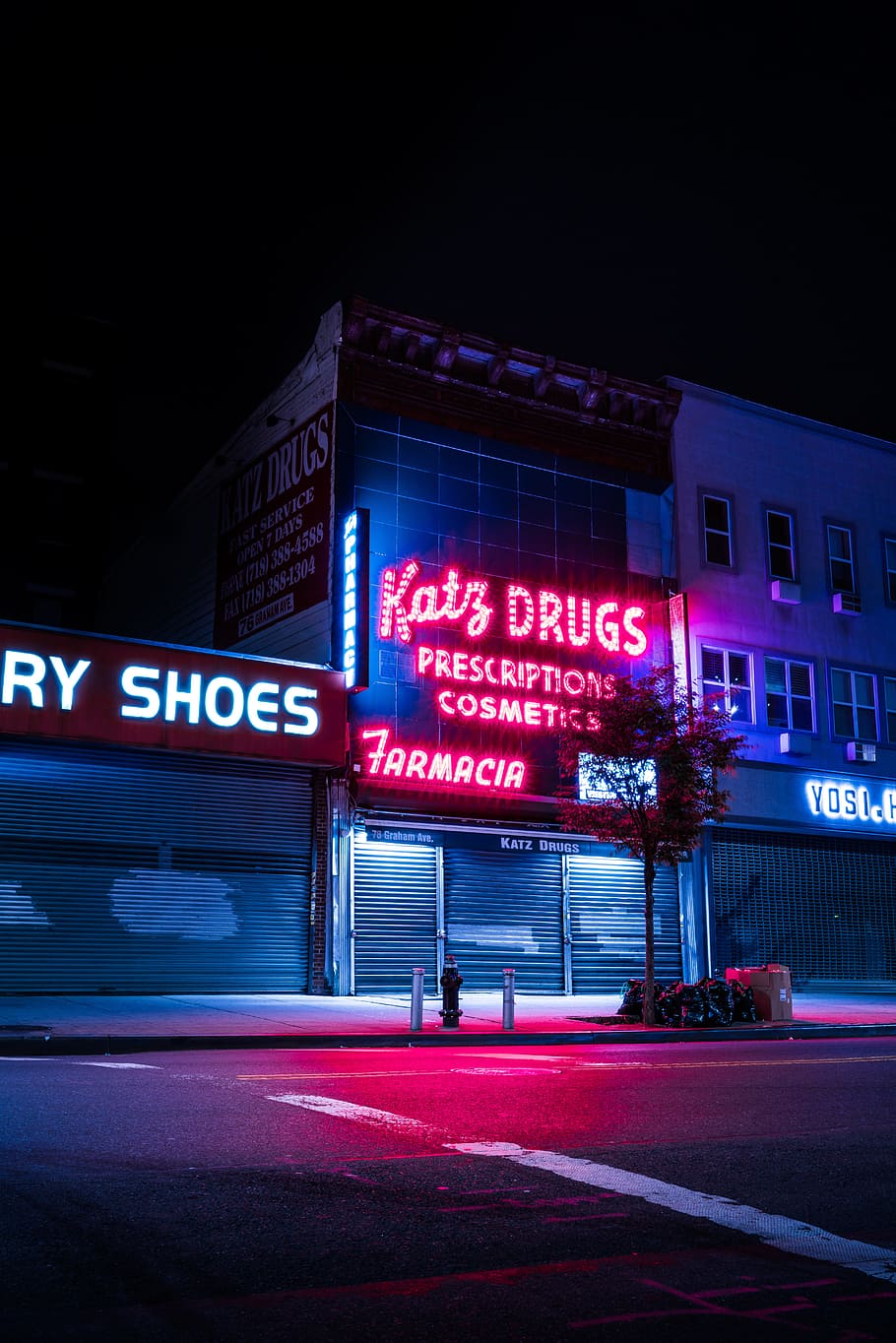 lighted Katz Drugs signage, red neon, store, lightning, illuminated