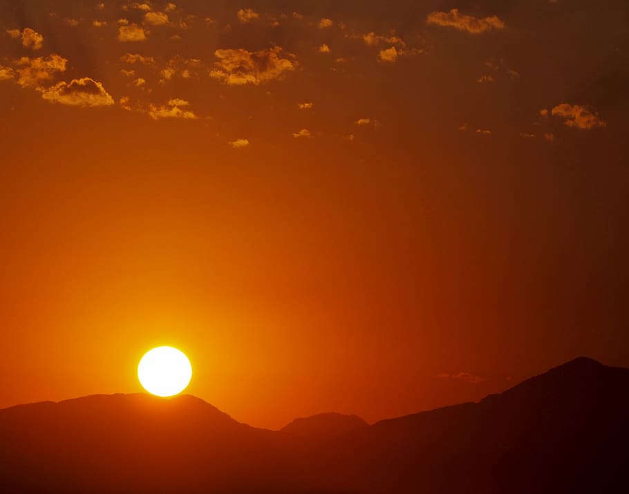 mountain at sunset, sunrise, nature, red sky, outdoors, dusk HD wallpaper