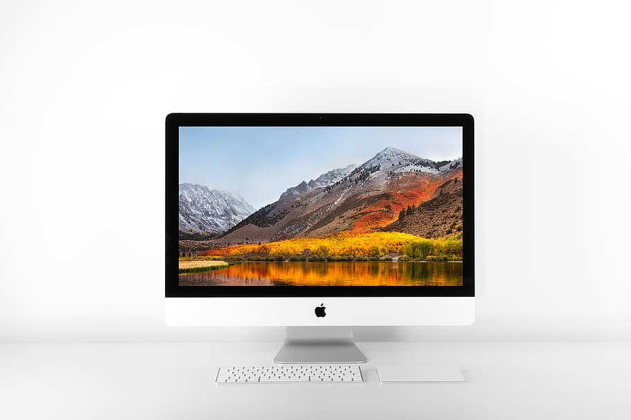 silver iMac and Magic keyboard on white surface, technology, no people HD wallpaper