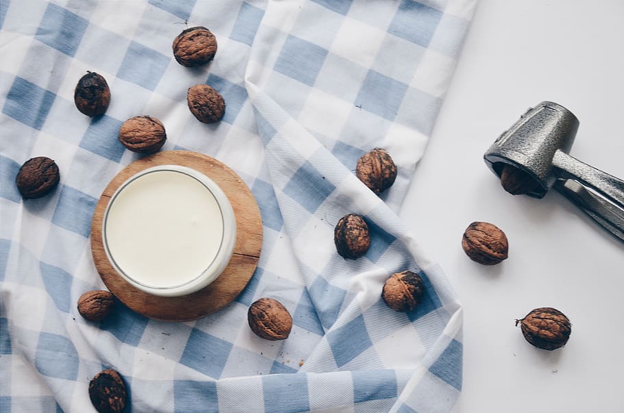 Nuts on Cloth With Nutcracker, container, cup, from above, ingredients HD wallpaper