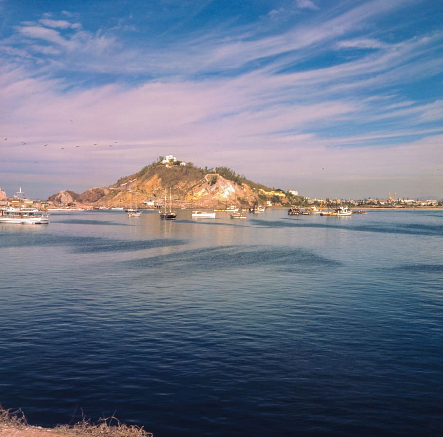water, clouds, mountain, boats, vintage, film, architecture HD wallpaper