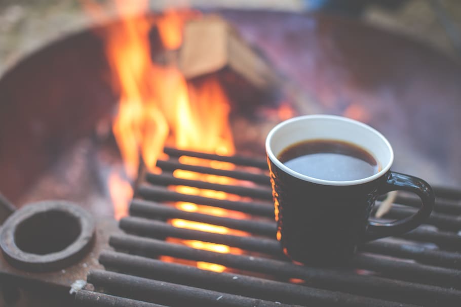 coffee, grill, fire, heating up, breakfast, camping, drink HD wallpaper