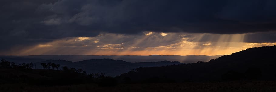 light, sunlight, sunrays, clouds, mountains, scene, panorama HD wallpaper