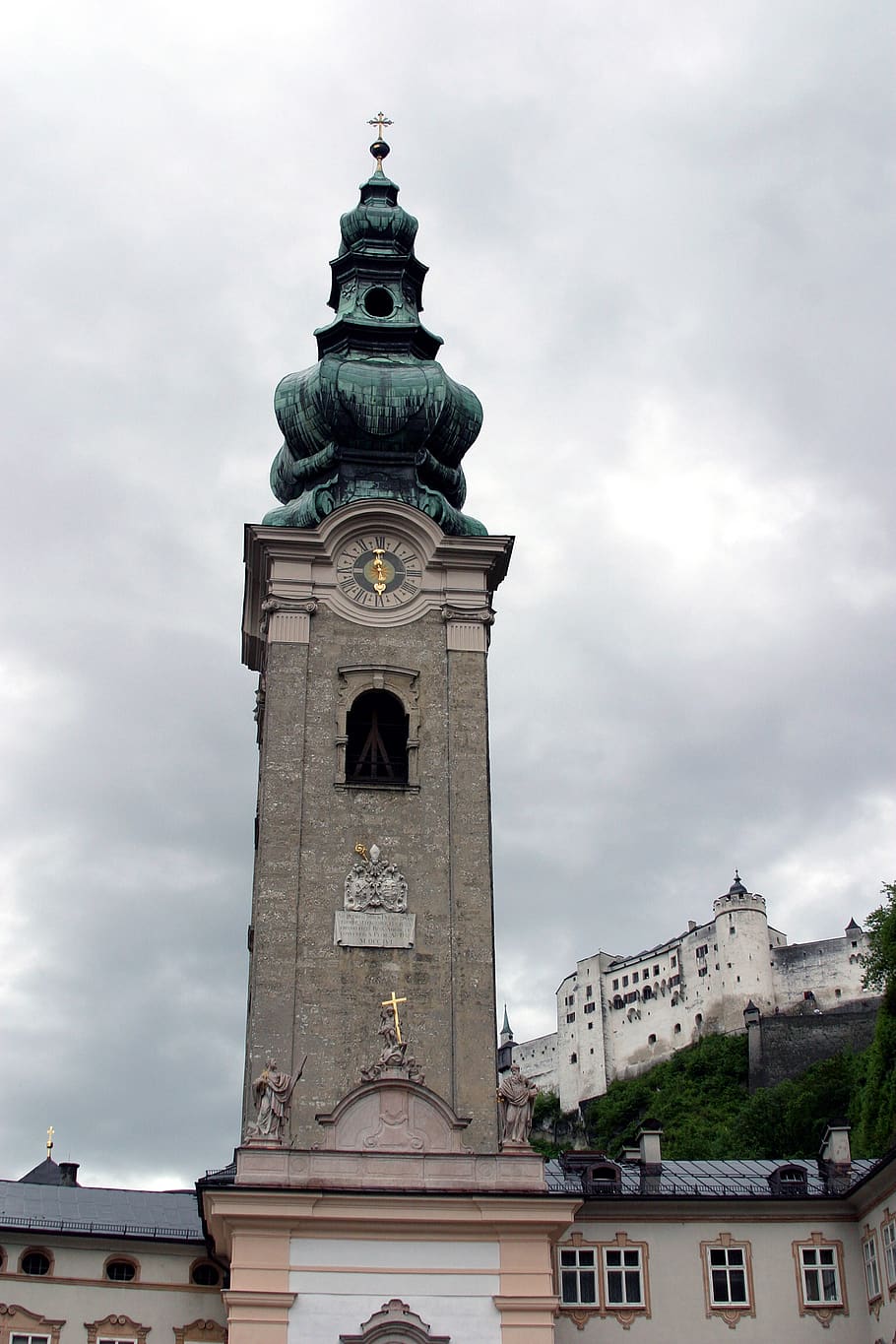 austria, salzburg, steeple, clock, travel, mountain, church, HD wallpaper