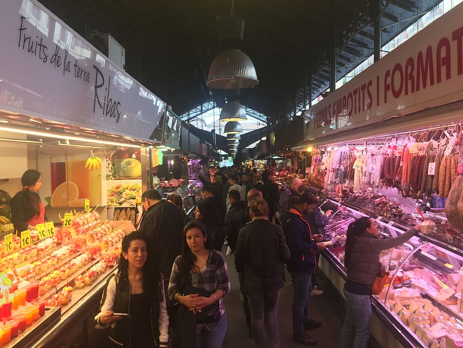 spain, barcelona, market, group of people, retail, food and drink HD wallpaper
