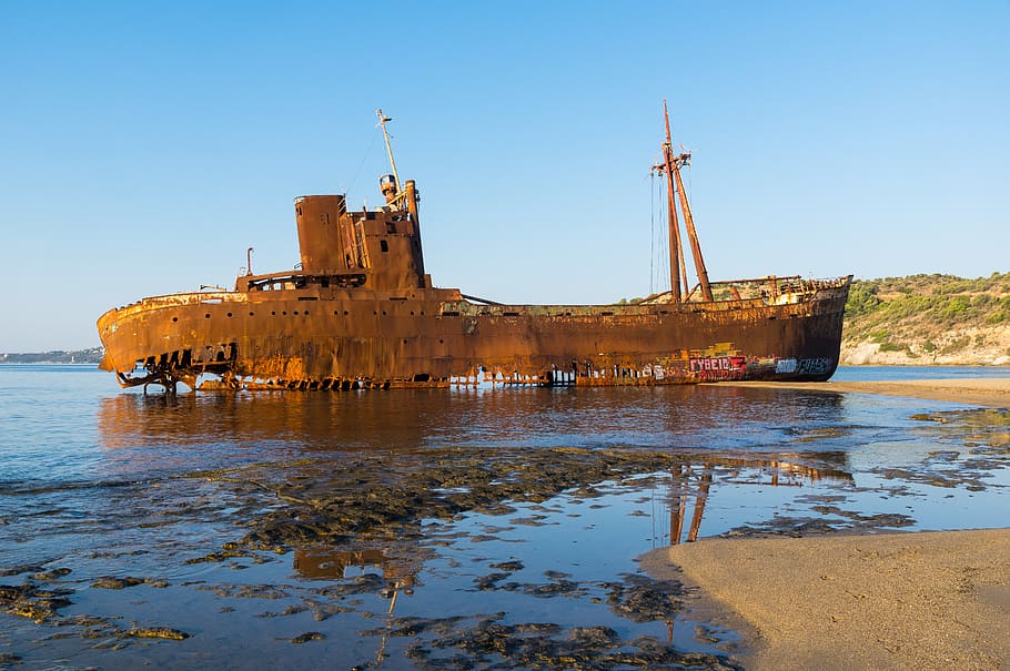 dimitrios, wreck, boat, greece, rust, beach, sea, peloponnese HD wallpaper