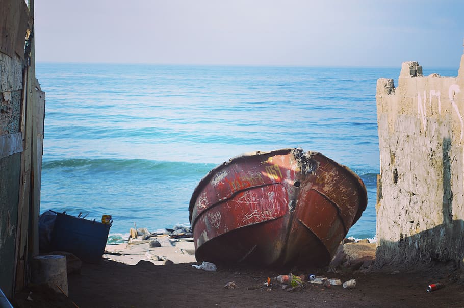 boat, abandoned, beach, sand, ocean, mexico, sea, water, horizon over water HD wallpaper