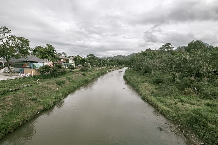 thailand, pai, stream, trees, houses, mountains, river, cloud - sky HD wallpaper