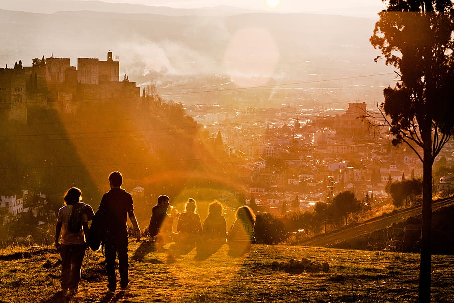 sunset, people, couple, man, woman, trees, sightseeing, silhouette HD wallpaper