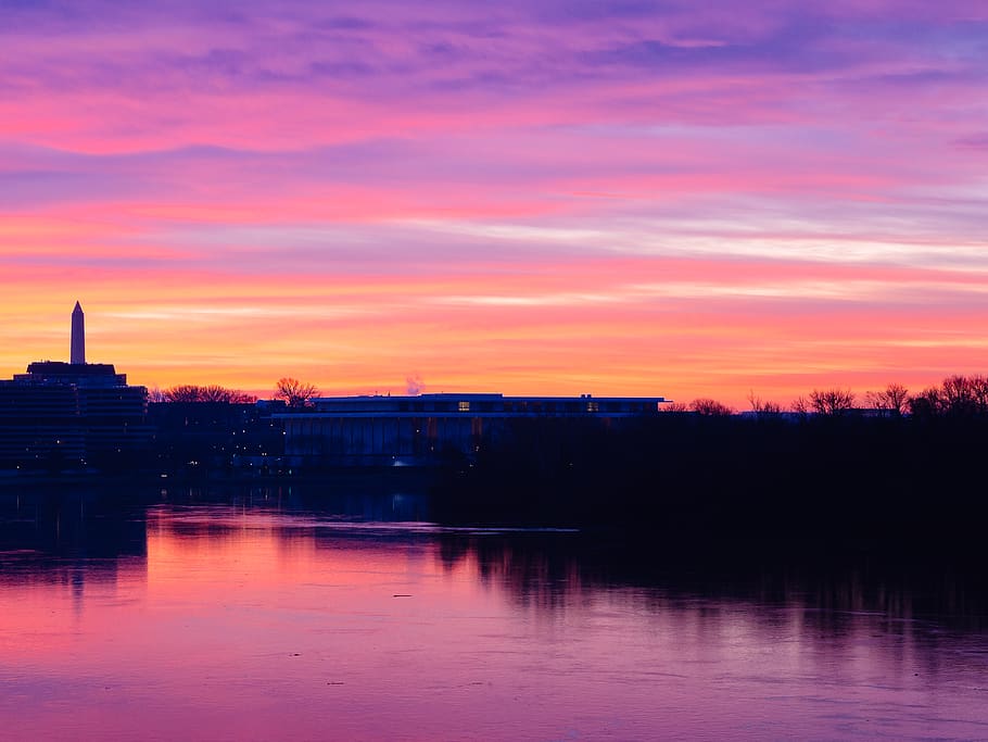 sunrise, monument, washington, dc, kennedy center, potomac HD wallpaper