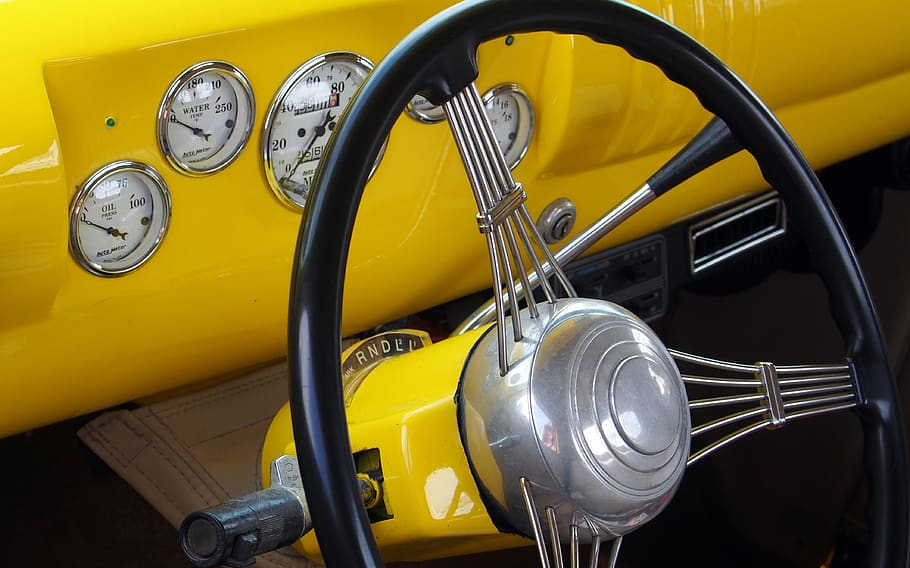 instrument panel, steering wheel, dashboard, yellow, antique HD wallpaper