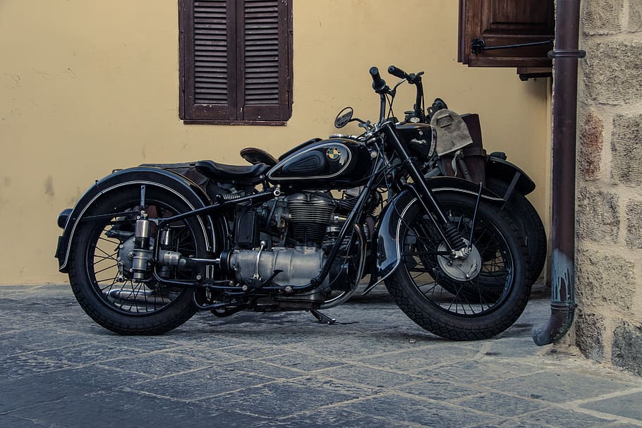 twp black cruiser motorcycles on gray concrete ground, transportation