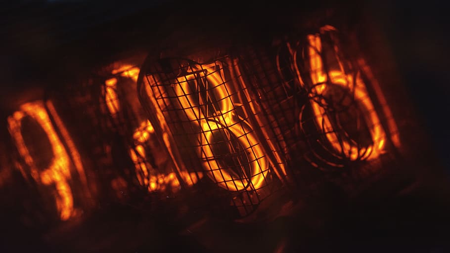 four number LED decors, fire, flame, forge, light, nixie tubes, HD wallpaper